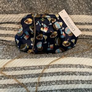 Alessi Patterned Navy Clutch with Gold Chain